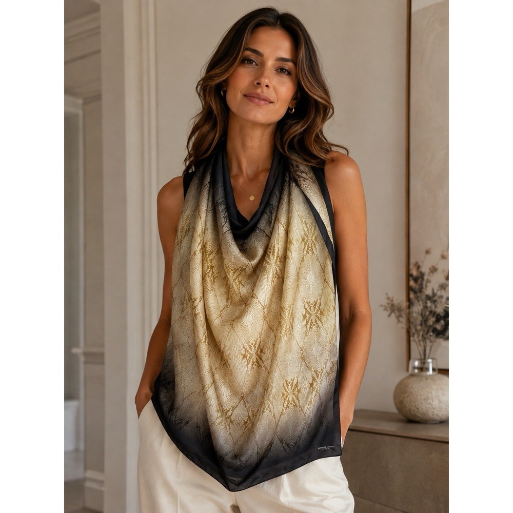 Adriene Landau Studio gold Brown snakeskin geometric print Scarf 34" Silk Vtg
